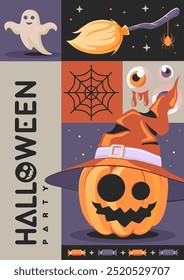 Halloween  flat party poster with ghost, witch broom, bat, halloween pumpkin, spider web and bloody eye. Halloween spooky background. Vector illustration