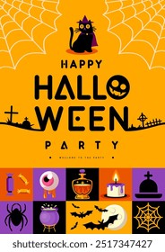 Halloween  flat party poster magic potion, full moon, bat, bloody eye, black cat, cauldron and bat. Halloween spooky background. Vector illustration