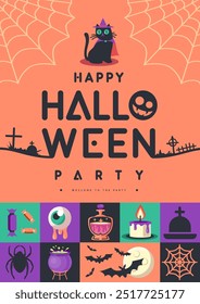 Halloween  flat party poster magic potion, full moon, bat, bloody eye, black cat, cauldron and bat. Halloween spooky background. Vector illustration