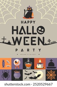 Halloween  flat party poster with magic potion, full moon, bat, bloody eye, black cat, cauldron and bat. Halloween spooky background. Vector illustration