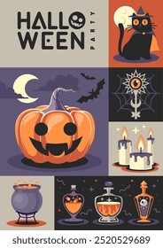 Halloween  flat party poster with  magic potion, full moon, bat, halloween pumpkin, black cat, cauldron and bat. Halloween spooky background. Vector illustration