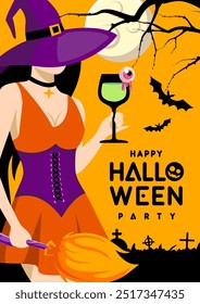 Afiche de fiesta plana de Halloween con bruja joven en sombrero y poción mágica. Fondo espeluznante de Halloween. Ilustración vectorial