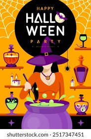 Afiche de fiesta plana de Halloween con bruja joven en sombrero y pociones mágicas. Fondo espeluznante de Halloween. Ilustración vectorial