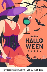 Afiche de fiesta plana de Halloween con bruja joven en sombrero y poción mágica. Fondo espeluznante de Halloween. Ilustración vectorial