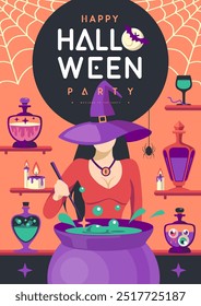 Afiche de fiesta plana de Halloween con bruja joven en sombrero y pociones mágicas. Fondo espeluznante de Halloween. Ilustración vectorial