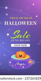 Halloween flat sale marketing poster template. pumpkin, magic, social media, packaging, banner, color starry sky