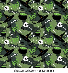 Halloween flat seamless pattern with cauldron potions, hats, bats, skulls and bones vector stock illustration. Abstract background with lots of green spots. Green wrapping paper pattern for Halloween.
