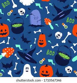 Halloween flat seamless pattern with cauldron potions, hats, bats, mushrooms, skulls and bones vector stock illustration. Blue wrapping paper pattern for Halloween. Cute textile texture for children.