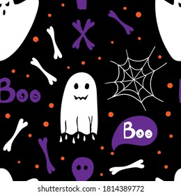 Halloween flat seamless pattern. Horror holiday ghost and boo text, spiderweb and bones doodle cartoon creative design textile, wrapping, wallpaper vector texture on black background