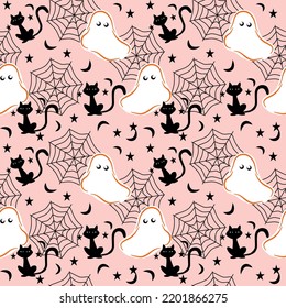 Halloween flat seamless pattern, pink color background, white ghost sheet, black cat, spider web, star and haft moon.