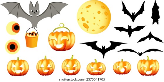 Halloween, juegos de arte de vectores planos, murciélago, luna, conjuntos de murciélagos, cubo con ojos, calabazas. EPS10