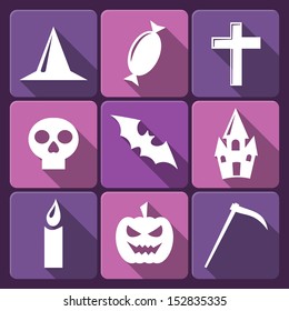 Halloween flat vector icons with long shadow. Set 2