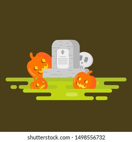 Halloween. Flat. Halloween. Vector illustration on a color background. Flat design style. Stone tombstone stands on ground with grave. Skull on stone. Detail cemetery.