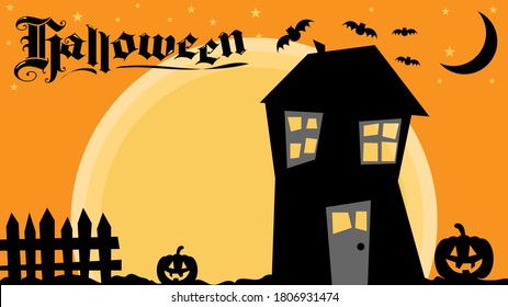 Halloween-flache Vektorgrafik mit silhouette-spokelnden Hausbeizeln und Kürbis