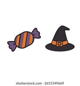 Vetor plano de Halloween com doce roxo e chapéu de bruxa preta, ideal para decorações de festa, clipart, design de truque ou deleite, ícones assustadores e conteúdo de Halloween para crianças