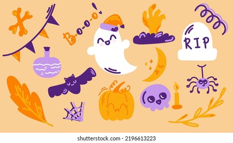 Halloween Flat Vector Set. Cute ghost, spider web, pumpkin, skull and autumn leaves