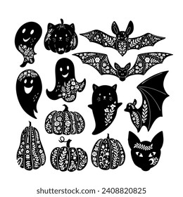 Decoración floral de Halloween en murciélago, calabaza, fantasma y silueta de gato. Símbolos de misterio gótico de Halloween Linocut. Ilustración vectorial aislada en fondo blanco. Lino de Silhouette floral imprime para afiches.