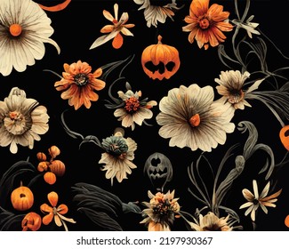 A Halloween floral festive pattern with spooky pumpkins and flowers, on a black background.