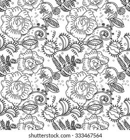 Halloween floral vector seamless pattern in doodle style. Black and white, lines