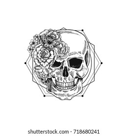 Halloween floral vintage skull illustration. Human skeleton. Vector illustration