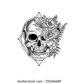 Halloween floral vintage skull illustration. Human skeleton. Vector illustration