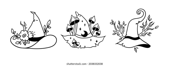 Halloween floral witch hat silhouette bundle, cute witchy wizard Hat with plants, mushrooms and branches, black and white isolated clipart, halloween decor for cards, t-hirts, vector graphic set