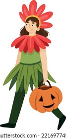 halloween flower costume child going for trick and treat with a pumpkin 