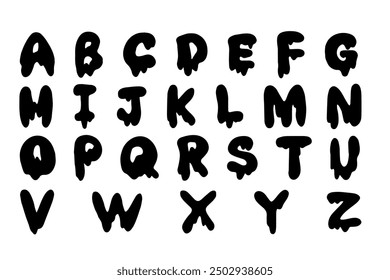 Halloween. Flowing alphabet, slime effect. Letters fon letters for printing, ABC set in the style of careless brush strokes and drips, handwritten vector dark scary calligraphy, doodle