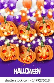 Halloween flyer or brochure. Trick or treat 31 October holiday event. Pumpkin heads with scary faces, glowing lights garland, and ballons over purple background. vector illustration.
