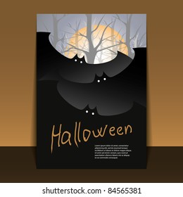 Halloween Flyer or Cover Design with Big Flying Bats Covering the Foggy Autumn Forest of Bare Trees