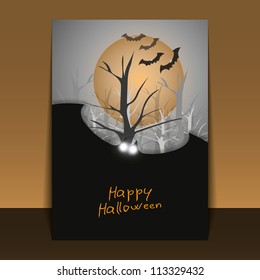 Halloween Flyer or Cover Design with Flying Bats Over the Autumn Forest