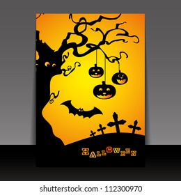 Halloween Flyer or Cover Design with Hanging Pumpkins, Crosses and Flying Bat in the Dark