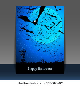 Halloween Flyer or Cover Design with Lots of Flying Bats Over the Night Field in the Darkness Under the Starry Sky and Glowing Moon - Vector Illustration