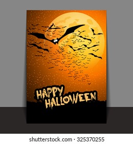Halloween Flyer or Cover Design with Lots of Flying Bats Over the Night Field in the Darkness Under the Starry Sky and Yellow Moon - Vector Illustration
