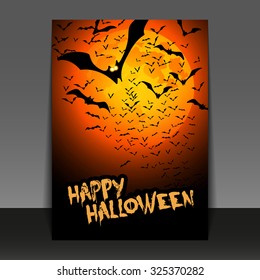 Halloween Flyer or Cover Design with Lots of Flying Bats Over the Night Field in the Darkness Under the Orange Sky and Yellow Moon - Vector Illustration