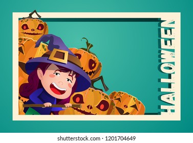 Halloween flyer design. Girl in witch hat and carved pumpkins on green background. Template can be used for party announcement, banners, invitations