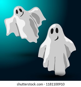 Halloween flyer design with two ghosts flying on the midnight background 
