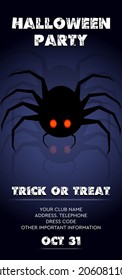 Halloween flyer, mockup for your text. Party or club invitation. Stylized spider with red eyes on a dark background, orachnophobia