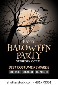 Halloween flyer poster design template  Halloween invitation layout wuth tree  moon   bat 