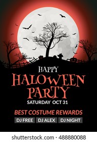 Halloween flyer or poster design template. Halloween invitation layout wuth tree, moon and bat.