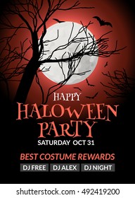 Halloween flyer or poster design template. Halloween invitation layout wuth tree, moon and bat.