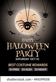 Halloween flyer or poster design template. Halloween invitation layout moon and cute spiders.