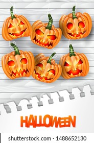 Halloween flyer or poster with hanging pumpkin creepy faces over white paint wooden board plank background. Vector illustration.