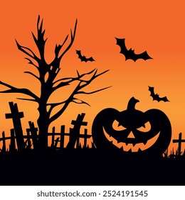 Halloween flyer. Halloween pumpkins and bats. Silhouette banner design template. Vector illustration.