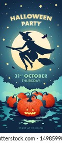 Halloween flyer scary night vector template. Halloween flyer pumpkin and witch.