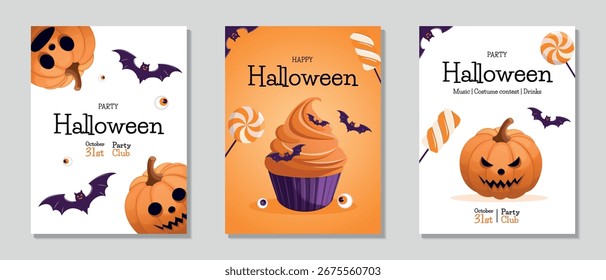 Panfleto de Halloween com doces, morcegos, abóboras assustadoras e cupcake. Ilustração vetorial para cartaz, banner, convite, venda ou folheto.