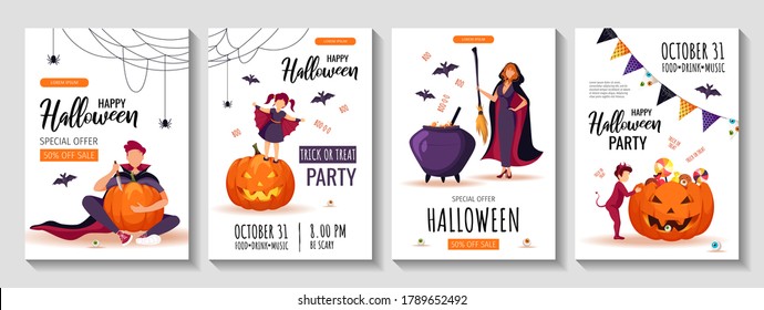 Volante de Halloween ambientado con una feliz familia vestida con disfraces. Bruja con escoba y caldero, imp. murciélagos, calabazas aterradoras, redes y araña. A4vector ilustración para afiche, banner, invitación, venta, volante.