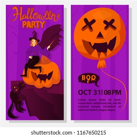 Halloween flyer template. Halloween holiday greeting invitation to a party. Pumpkin, cat and witch on a scare wood abstract background. Vector Illustration. Trick or Treat Concept.