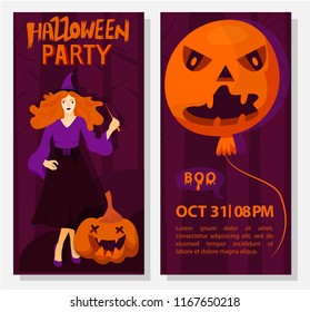 Halloween flyer template. Halloween holiday greeting invitation to a party. Pumpkin and witch on a scare wood abstract background. Vector Illustration. Trick or Treat Concept.