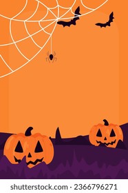 Halloween Flyer Template. Halloween invitation banner. Orange spooky background with pumpkins, spider webs and bats. Flat style vector illustration